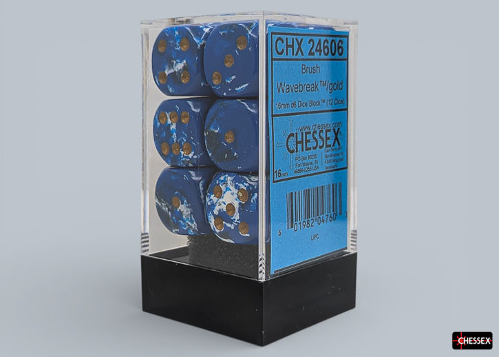 Preorder) Brush Wavebreak/gold 16mm d6 Dice Block (12 dice)