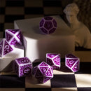 White with Purple rregular Pattern Fill: 7-Piece Acrylic Dice Set