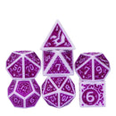 White with Purple rregular Pattern Fill: 7-Piece Acrylic Dice Set