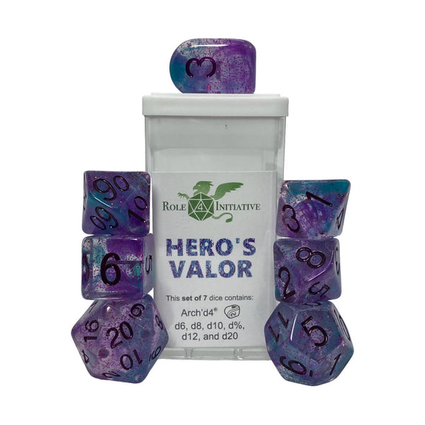 Hero's Valor | 7-Dice Set Purple & Blue Glitter Role4Initiative