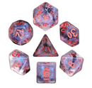 Nebula Mist: 7-Dice RPG Set – Black Swirl with Iridescent Glitter and Copper Numbers