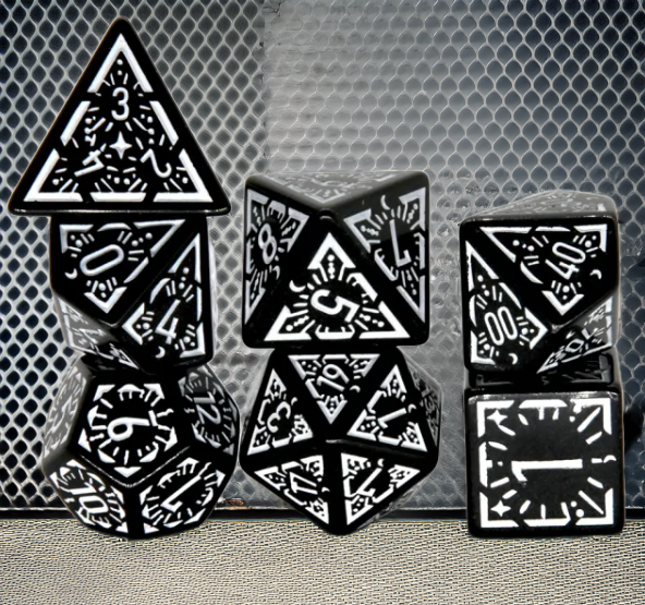 Arcane White Glyph Polyhedral Dice Set | 7-Dice Black & White