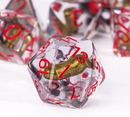 Bullet Swirl Dice Set - 7-Piece Clear & Gold Gunslinger Set with Red Numbers for DnD 5E