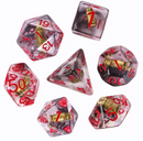Bullet Swirl Dice Set - 7-Piece Clear & Gold Gunslinger Set with Red Numbers for DnD 5E