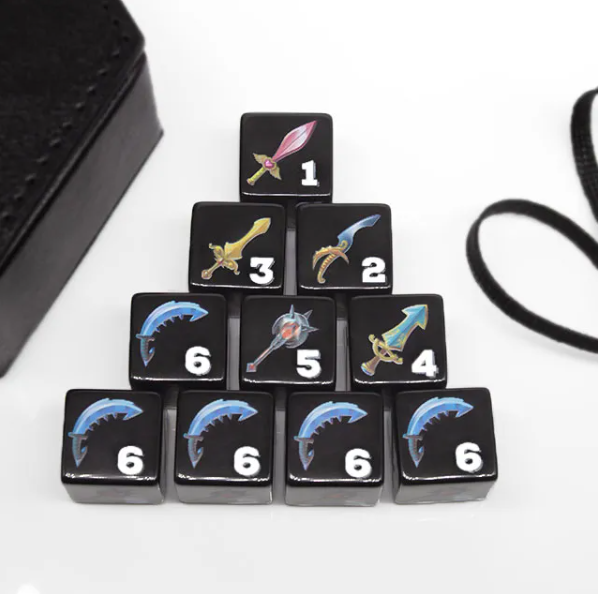 (Black) Sword Dice | Printed d6 Dice Featuring Fantasy Weapons Numbered