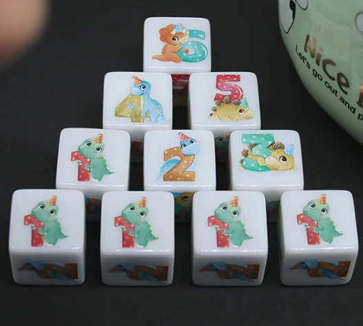 (White) Dinosaur Dice | Printed d6 Dice Featuring Cute Dinos Numbered