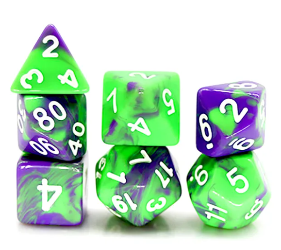 Enchanted Brew 7-Dice Set - Cauldron Purple & Potion Green Blend with White Numbers - Budget-Friendly Acrylic D&D Dice