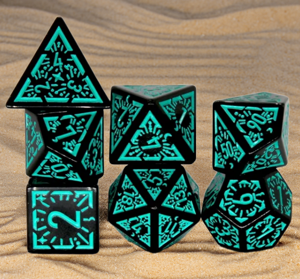 Arcane Teal Glyph Polyhedral Dice Set | 7-Dice Black & Teal