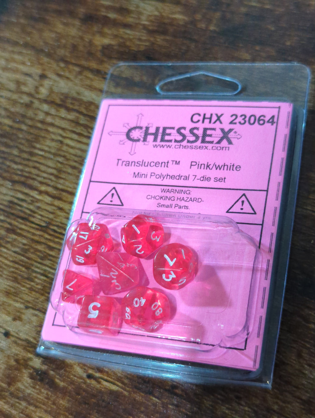 Chessex Translucent Pink w/ White Mini Polyhedral 7-die Set CHX 23064