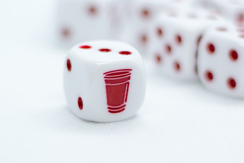 Opaque White w/Red 16mm d6 Dice Featuring a Red Cup on the '1' side (sold per die)