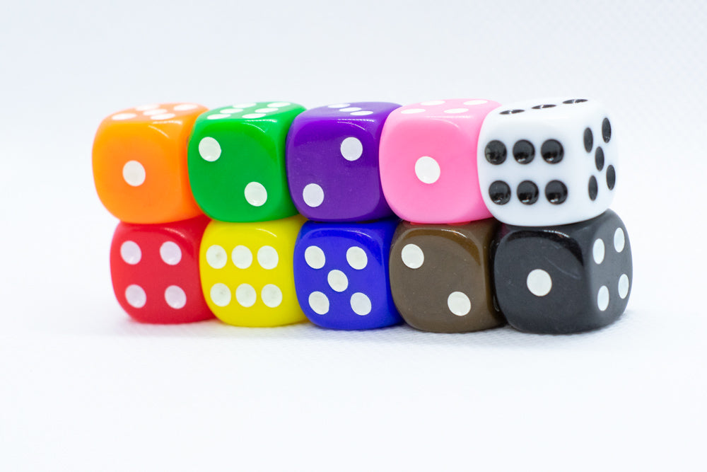 Opaque 16mm Pipped d6 Dice Red/Orange/Yellow/Green/Blue/Purple/White/B