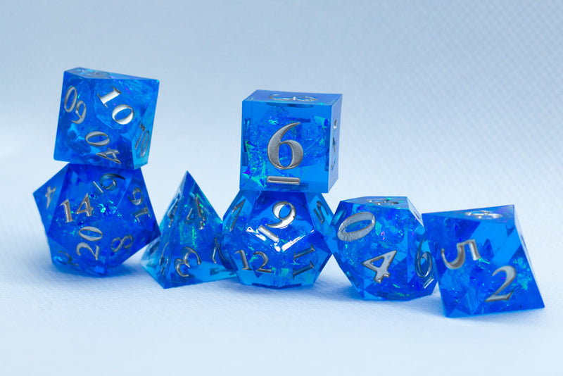 Water Sharp Resin 7-Dice RPG DND Set (w/Silver Numbers) B-Grade