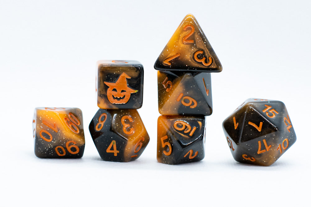 Halloween Black/Orange w/Glitter & Pumpkin 7-Dice Set RPG DND