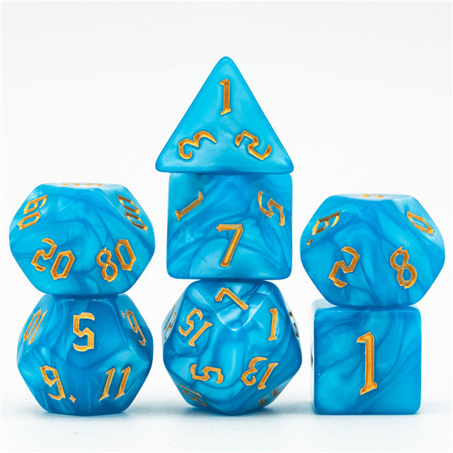 Blue Macaron 7-Dice Blend Set w/Gold Numbers