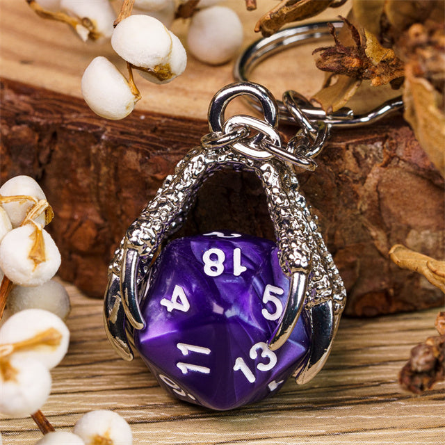 Claw Purple D20 Keychain Featuring Silver Metal Dragon Claw d20