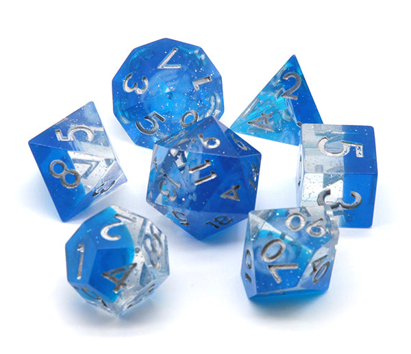 Dreaming of Space 7-Dice Set Resin Sharp Edge RPG DND Blue Glitter