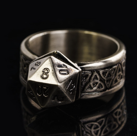 Dungeons and Dragons Dice Engagement Ring with 3 Gemstones and D20 Dice
