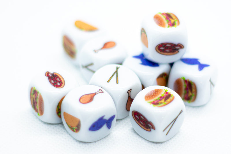 foodie dice featuring food on each side