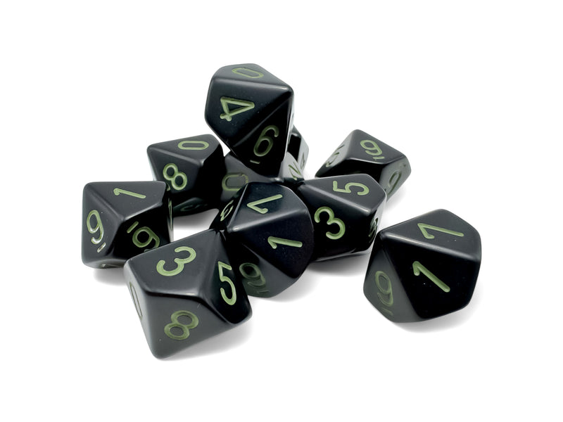 (preorder) Opaque Black/green Dice Sets | 7-dice, 16mm, 12mm, d10s