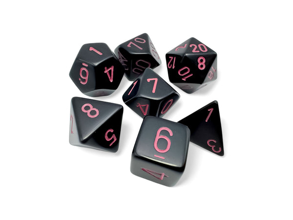 Opaque Black/pink Dice Sets | 7-dice, 16mm, 12mm, d10s