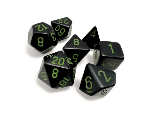 (preorder) Opaque Black/green Dice Sets | 7-dice, 16mm, 12mm, d10s