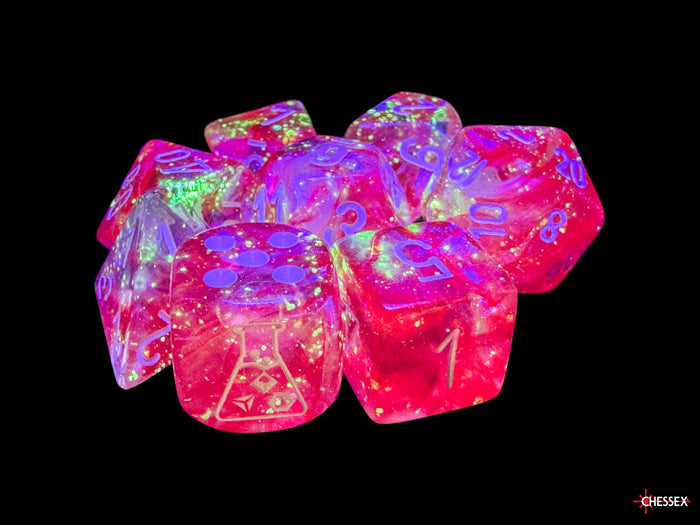 Borealis Passion/white Luminary Polyhedral 7-Dice Set (with bonus die)