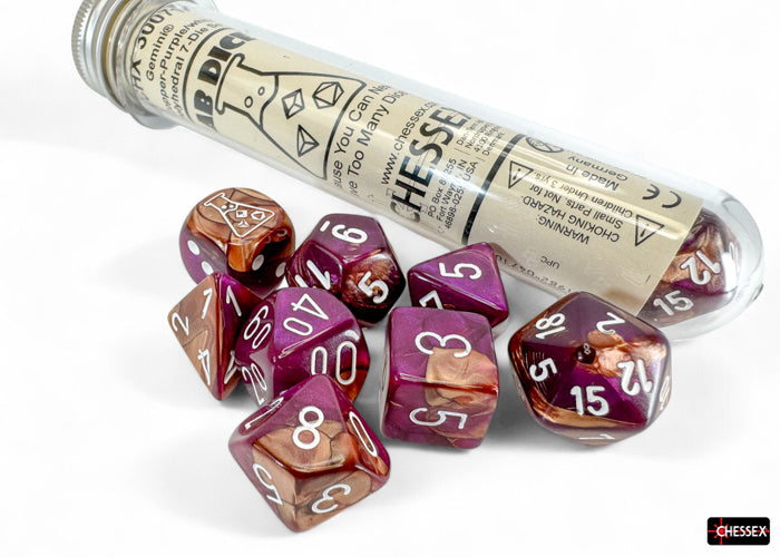 (Preorder) Gemini Copper-Purple/white Polyhedral 7-Dice Set (with bonus die)