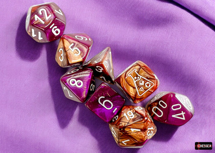 (Preorder) Gemini Copper-Purple/white Polyhedral 7-Dice Set (with bonus die)