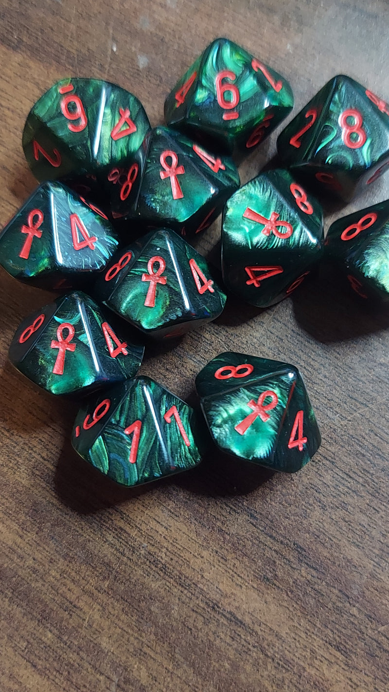 Scarab Jade Ankh Numbered 2-10 w/Ankh on one side d10 Green/red numbers (sold per piece)
