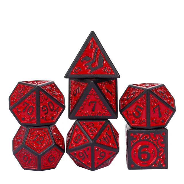 Black with Red Irregular Pattern Fill: 7-Piece Acrylic Dice Set