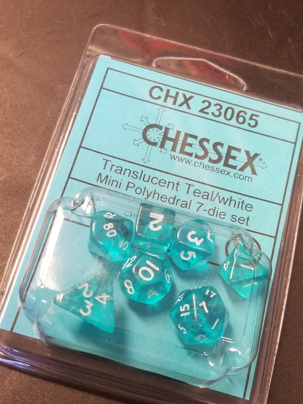 Chessex Translucent Teal w/ White Mini Polyhedral 7-die Set CHX 23065 OOP
