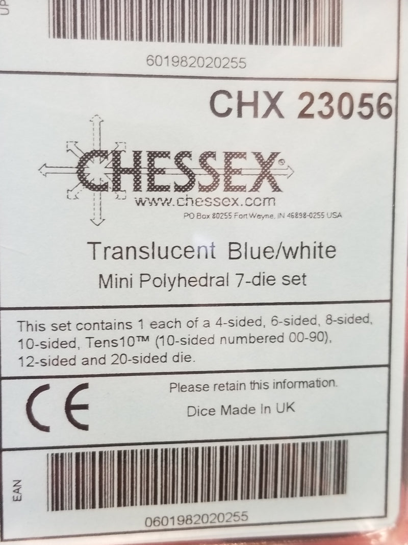 Chessex Translucent Blue w/ White Mini Polyhedral 7-die Set CHX 23056 OOP