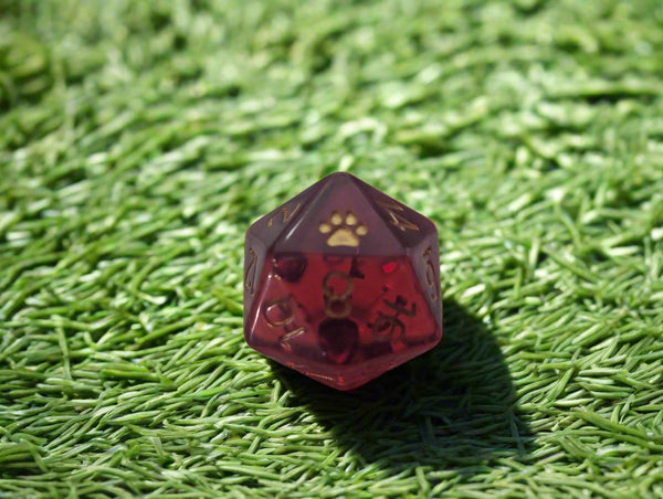 Paw Print d20 | Translucent Red Single 21mm d20 w/Gold Font