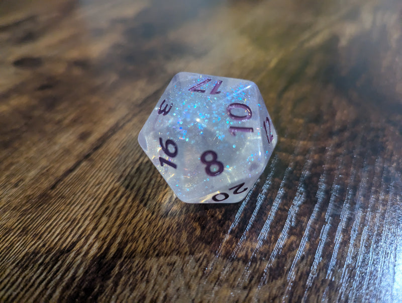 The Time Walker | Clear Glitter 34mm d20 CHONK RPG Dice Set w/Purple