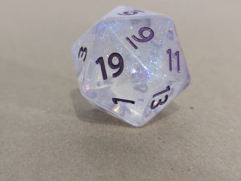 The Time Walker | Clear Glitter 34mm d20 CHONK RPG Dice Set w/Purple