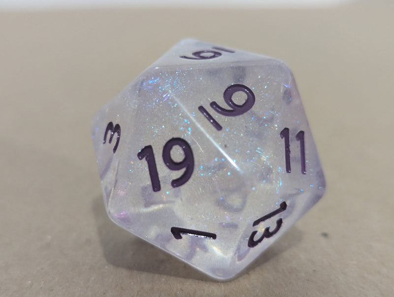 The Time Walker | Clear Glitter 34mm d20 CHONK RPG Dice Set w/Purple