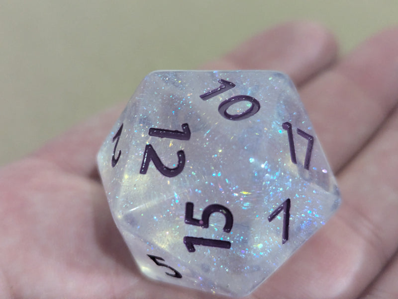 The Time Walker | Clear Glitter 34mm d20 CHONK RPG Dice Set w/Purple