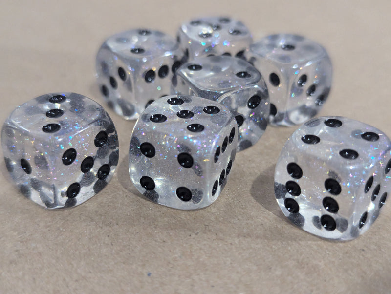 The Time Walker | Clear Glitter 16mm d6 Dice w/Black