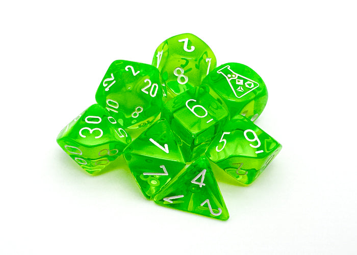 PREORDER | Translucent Polyhedral Rad Green/white 7-Die Set (with bonus die)