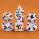 Confetti Carnival: 7-Dice RPG Set – White with Rainbow Paint Splatter
