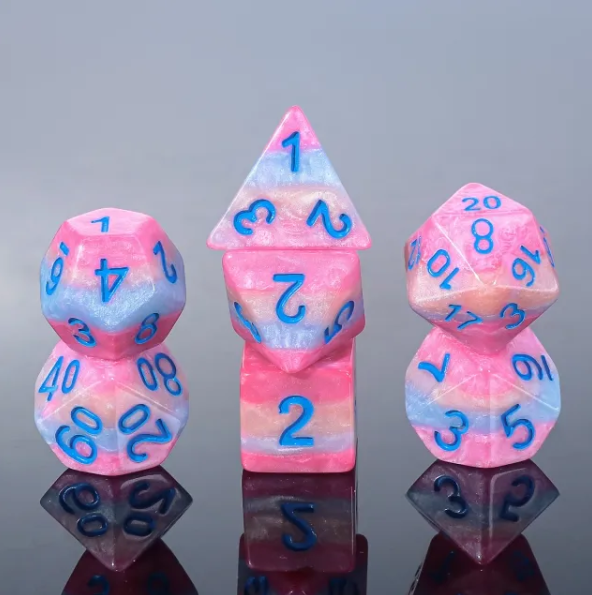 Cotton Candy Layer: 7-Dice RPG Set – Pink, Blue & White with Blue Numbers