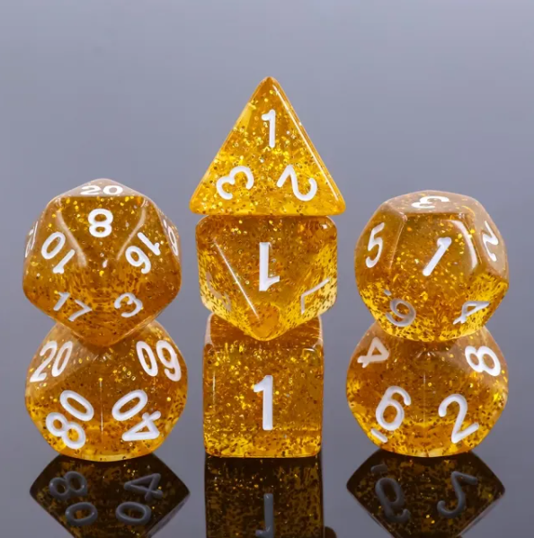 Amber Gleam: 7-Dice RPG Set – Gold Glitter with White Numbers