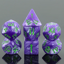 Purple Arcane Roman Numeral Polyhedral Dice Set – Green Ink | 7-Piece RPG Dice Set