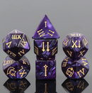 Royal Amethyst Roman Numeral Polyhedral Dice Set – Gold Ink | 7-Piece RPG Dice Set