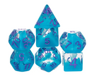 Neon Tide Surge: 7-Dice RPG Set – Translucent Blue with Violet Numbers