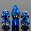 Royal Sapphire Roman Numeral Polyhedral Dice Set – Gold Ink | 7-Piece RPG Dice