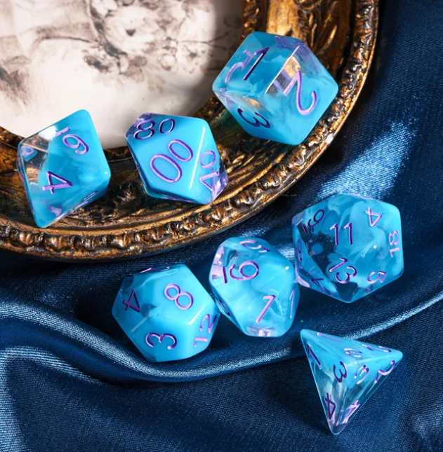 Neon Tide Surge: 7-Dice RPG Set – Translucent Blue with Violet Numbers