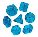 Neon Tide Surge: 7-Dice RPG Set – Translucent Blue with Violet Numbers