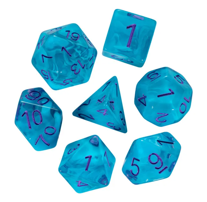 Neon Tide Surge: 7-Dice RPG Set – Translucent Blue with Violet Numbers