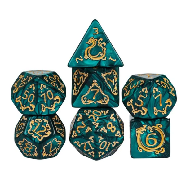 Dragon Script Emerald Flight: 7-Dice RPG Set – Rich Green with Gold Script Inks